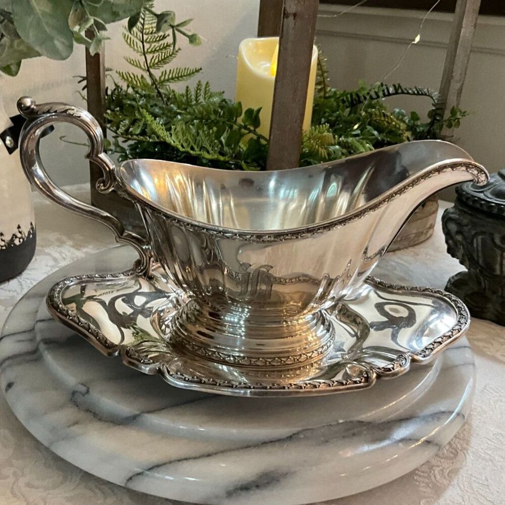 Stunning vintage Gorham silver plate gravy boat monogrammed H Holiday tablescape